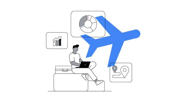 A dark-skinned man with a laptop sits on a rectangular block, his back against a suitcase. Around him, three icons: an incremental bar graph with a jagged upward arrow, a donut chart, and a route location. A life-size blue aeroplane overlays.