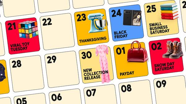 Holiday shopping season calendar grid. 11/21: Virtual Toy Tuesday; 11/23: Thanksgiving; 11/24: Black Friday; 11/25: Small Business Saturday; 11/27: Cyber Monday; 11/30: New Collection Release; 12/01: Payday; 12/02: Snow Day Saturday.