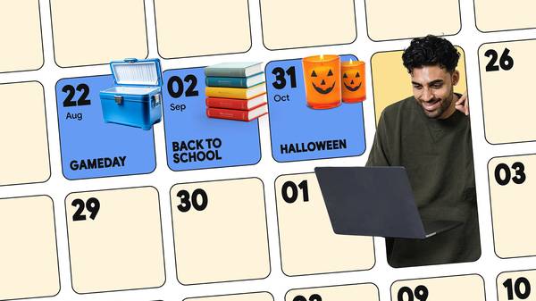 A man with dark skin and curly dark hair shops on a laptop. He is surrounded by a calendar grid with three highlighted squares: Aug 22: Gameday, Sep 02: Back to School & Oct 31 Halloween.