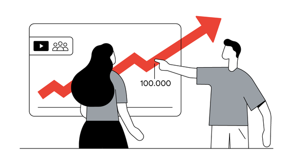 Eine Frau und ein Mann stehen vor einer Darstellung des Wachstums der Abonnenten des Aldi YouTube Kanals. Der Graph, der das Wachstum visualisiert, überschreitet die Marke von 100.000 Abonnenten und wächst weiter