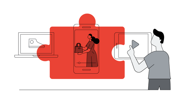A red puzzle overlays a mobile video of a woman promoting a bag, between a laptop displaying a sneaker & a man playing video on a tablet, representing how AI in YouTube marketing can power a confidence shift in the consumer decision journey.