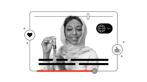 Una donna che indossa un hijab effettua una presentazione in un video di YouTube. È circondata da diverse icone: un cursore orizzontale per il remix, un'icona di un menu a discesa per le lingue, sottotitoli codificati in overlay, icone di Mi piace e a for