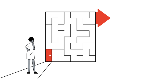 L'illustrazione mostra una donna dai capelli corti e dalla pelle scura che osserva un labirinto. In un angolo del labirinto c'è una porta rossa e nell'altro una freccia, a indicare una via d'uscita.