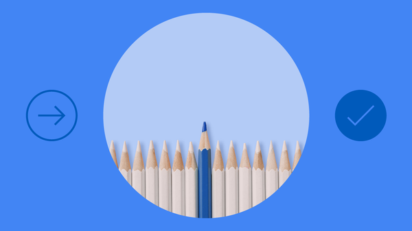 A blue pencil stands out among white pencils, between a right-pointing arrow and a tick, representing how brands can use AI in marketing to build trust and guide consumers towards making a confident and informed purchase decision.