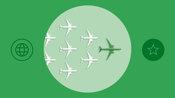 A prominent green plane leads a flight of white planes, between a globe and a star, representing how AI-powered marketing solutions like Performance Max for travel goals drive conversions, increase ad revenue, and improve travel advertising.